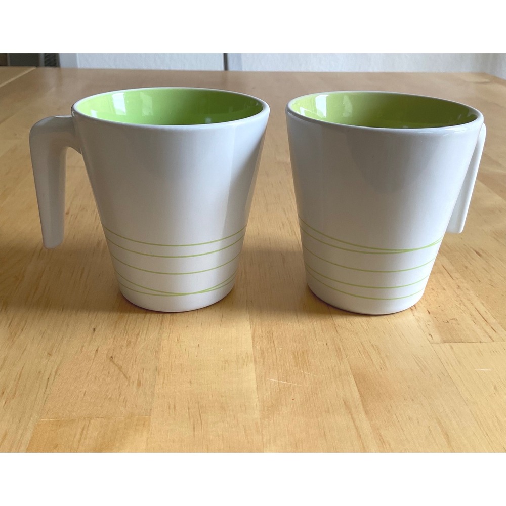 IKEA 15199 White and Lime Green Striped Coffee Mugs Set of 2 Modern Stoneware